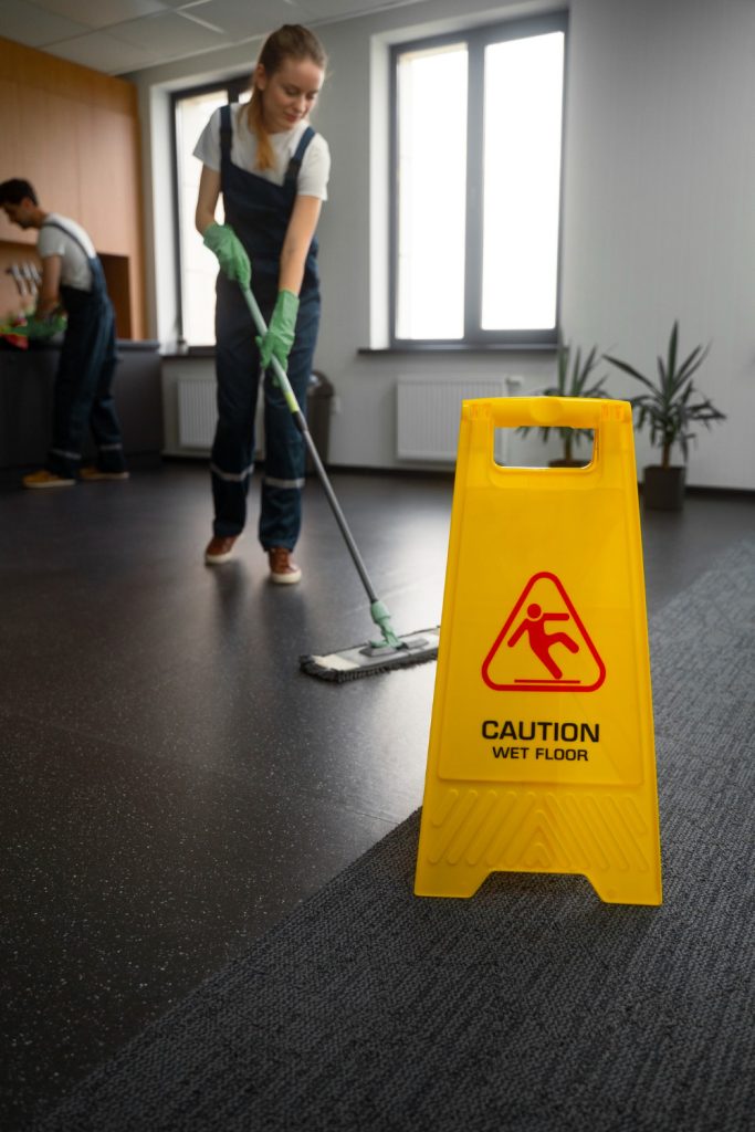 A cleaner mops a dark office floor near a yellow "CAUTION WET FLOOR" sign, while another works in background.