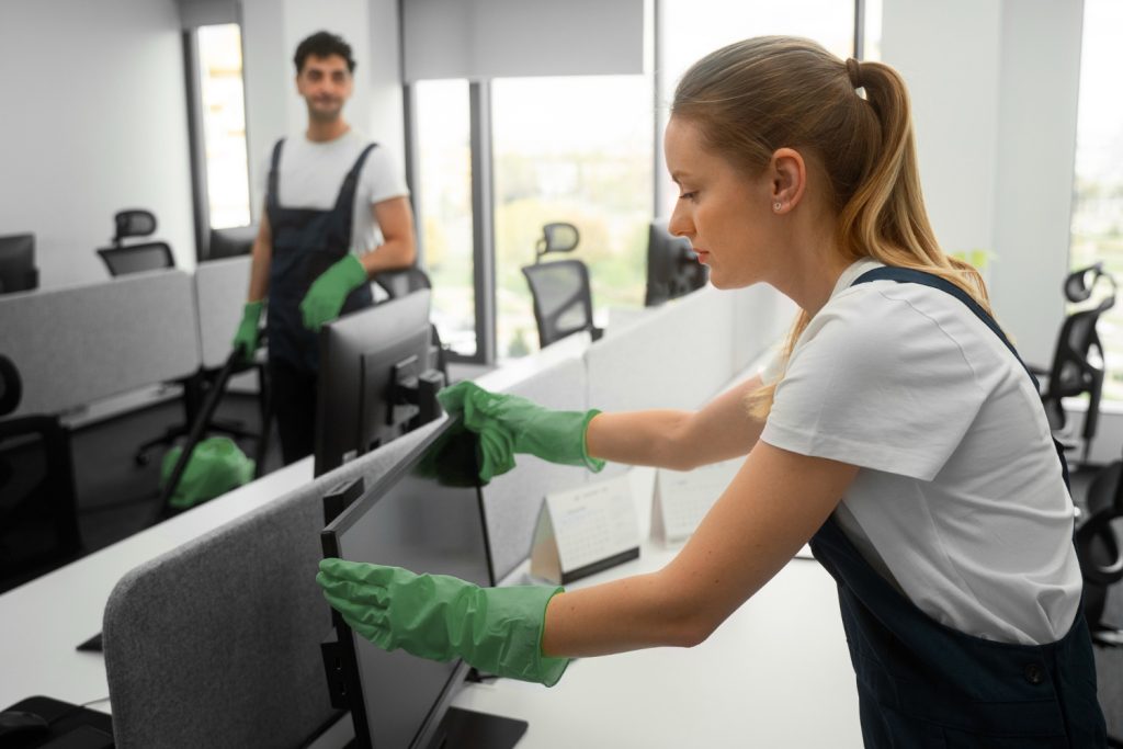 Two cleaners in overalls and green gloves cleaning an office. One wipes a monitor, the other is in the background.