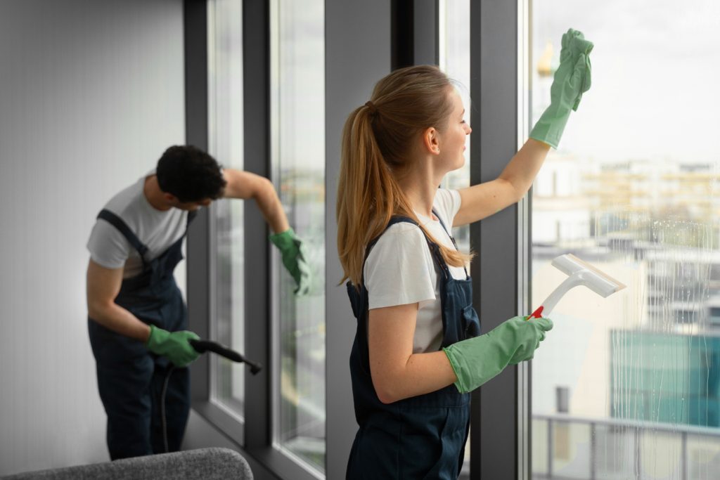 A woman in green gloves cleans a window with a squeegee, while a man cleans another window in the background.
