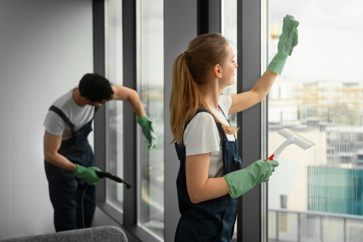 A woman in green gloves cleans a window with a squeegee, while a man cleans another window in the background.