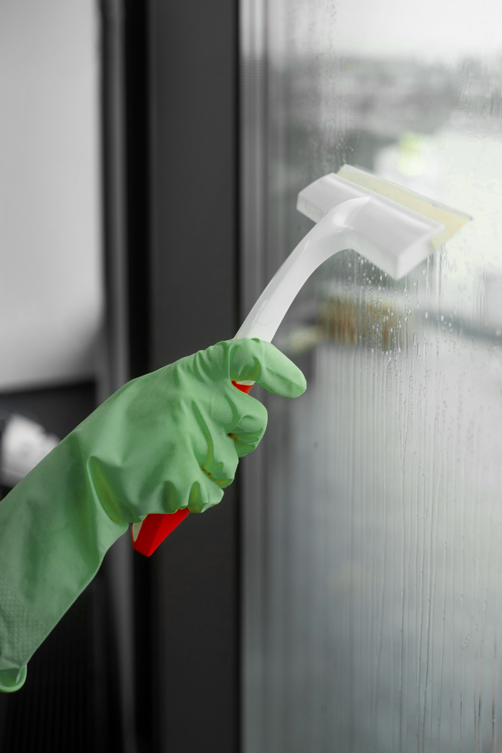A hand in a green glove uses a white squeegee to clean a glass window, leaving streaks of water.